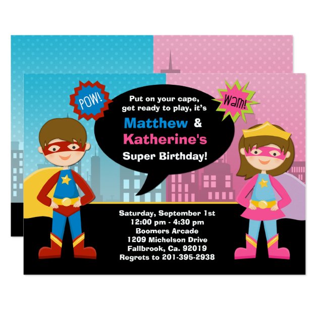 Superhero And Super Girl Birthday Party Invitation