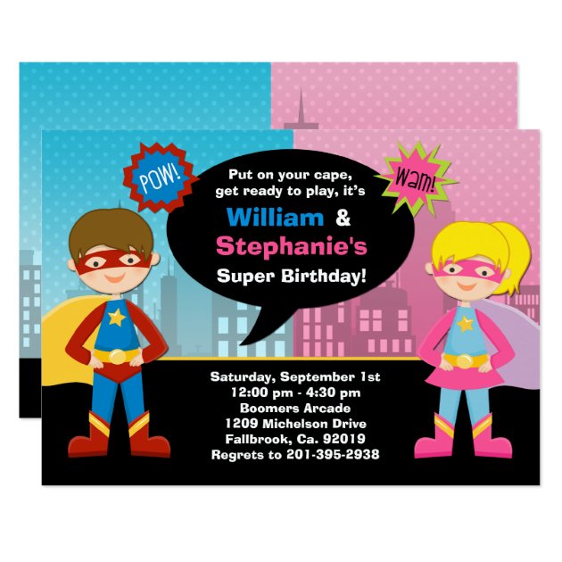 Superhero And Super Girl Birthday Party Invitation