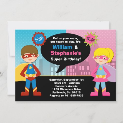 Superhero and Super Girl Birthday Party Invitation