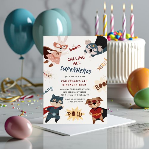 Superhero Animals Cute Kids Birthday Invitation
