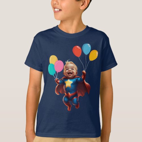 Superhero Baby Balloon Flight Joyful Kids  T_Shirt