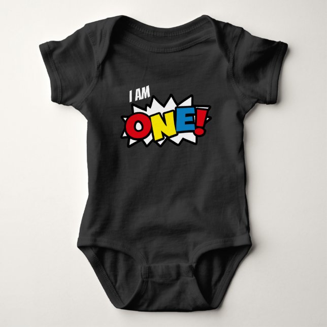 Superhero Baby Black Bodysuit, 1st Birthday Outfit Baby Bodysuit (Front)