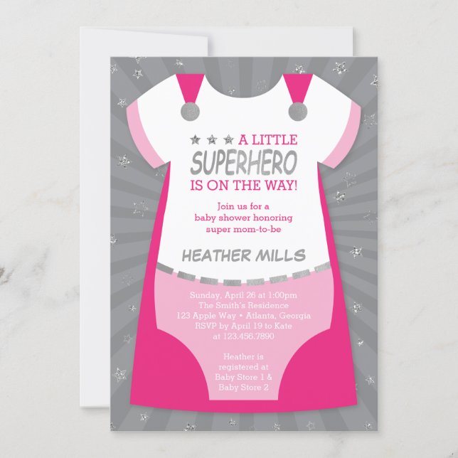 Superhero Baby Shower Invitation, Pink, Silver Inv Invitation (Front)