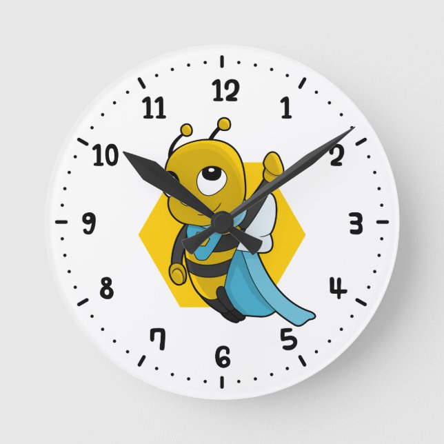 Superhero bee cartoon round clock (Front)