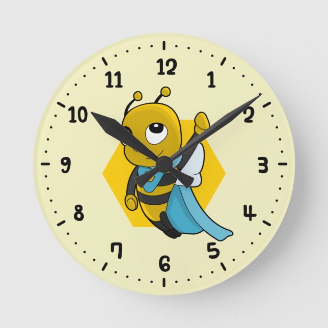 Superhero bee cartoon round clock (Front)