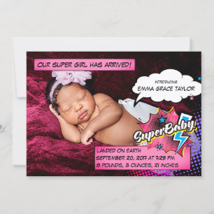 Superhero birth announcement card, SuperBABY pink
