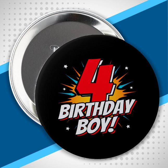 Superhero Birthday Boy - 4 Year Old - 4th Birthday Button (Creator Uploaded)