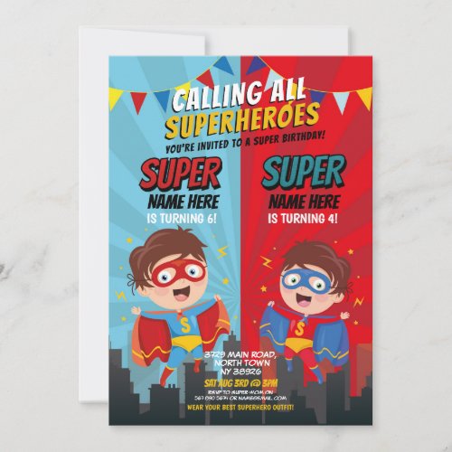 Superhero Birthday Brothers Blue Red Joint Boy Invitation