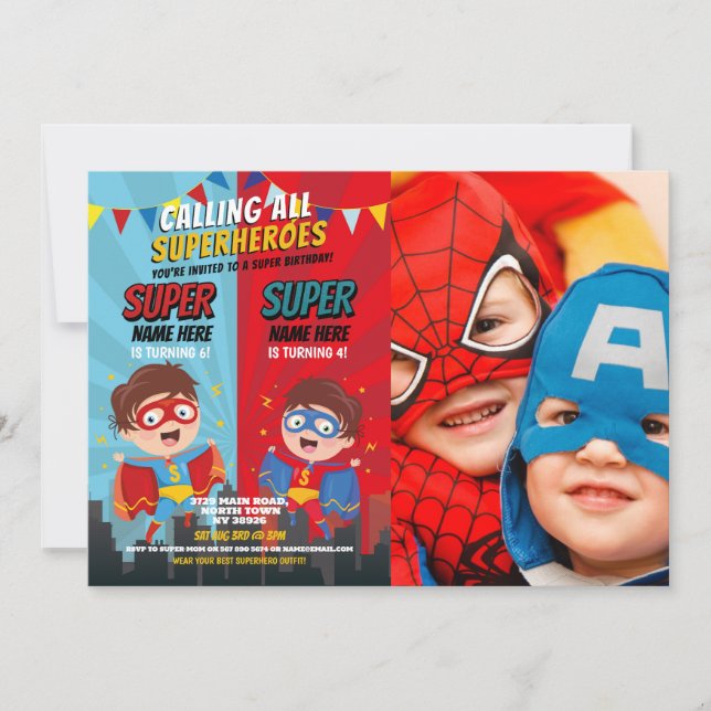 Superhero Birthday Brothers Blue Red Photo Boy Invitation (Front)