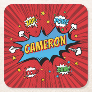 Superhero Birthday Comic Book Square Paper Coaster