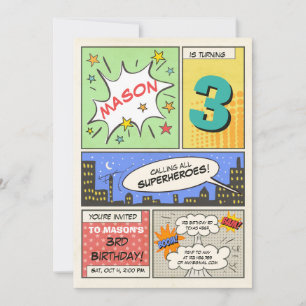 superhero birthday invitation Cartoon Vintage Boy