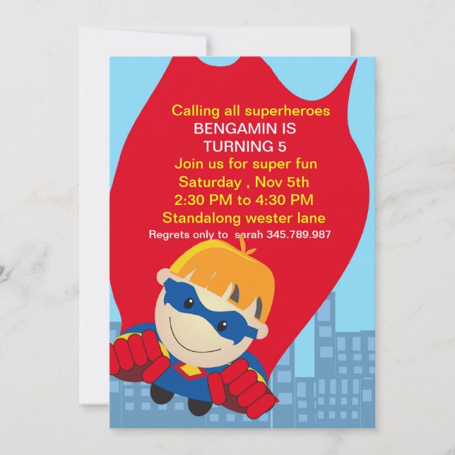 Superhero Birthday Invitation for the super boy bl (Front)