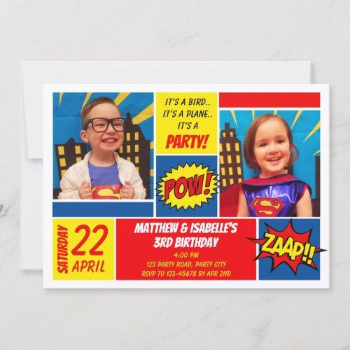 Superhero Birthday Invitation Twins