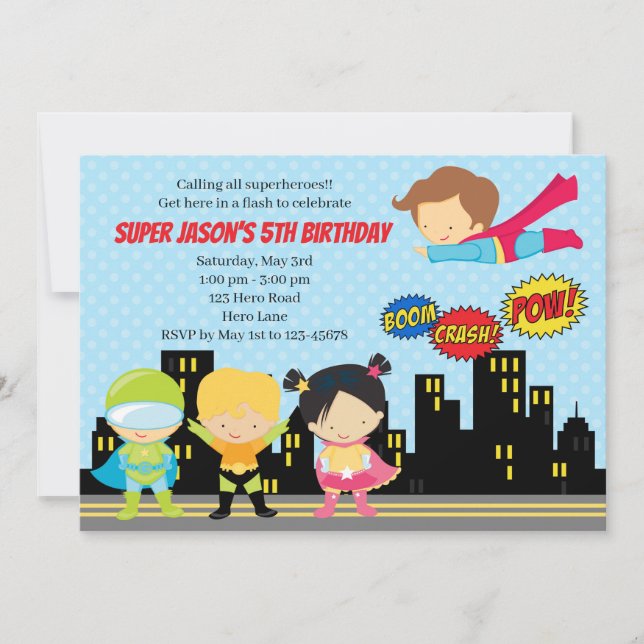 Superhero Birthday Invitations (Cute for Boys) (Front)