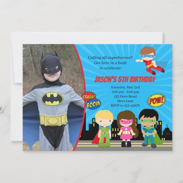 Superhero Birthday Invitations with Photo Sunburst (Front)