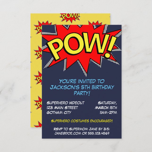 Superhero Birthday Party Blue and Yellow Template (Front/Back)