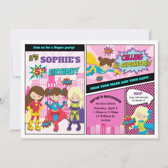 Superhero Birthday Party Girl Power Super Hero Invitation (Front)
