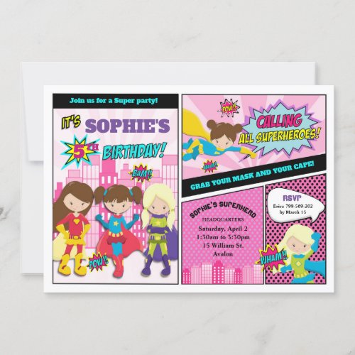 Superhero Birthday Party Girl Power Super Hero Invitation