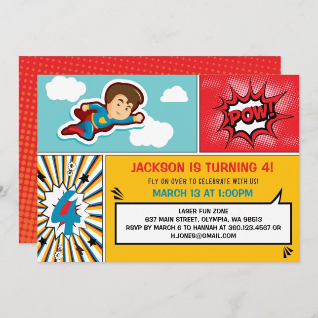 Superhero Birthday Party Invitation - Boy Colors (Front/Back)