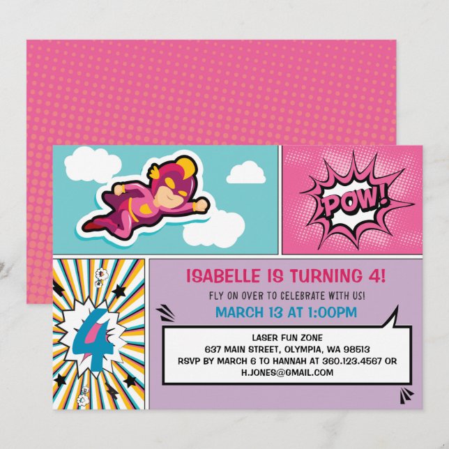 Superhero Birthday Party Invitation - Girl Colors (Front/Back)