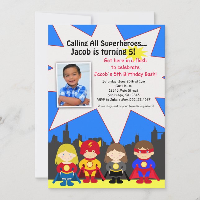 Superhero Birthday Party Photo Invitation (Front)