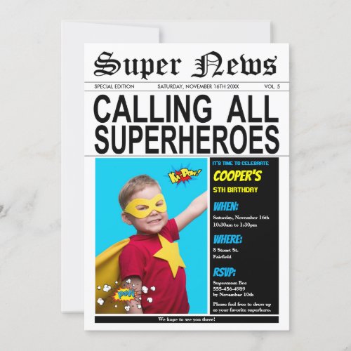 Superhero Birthday Party Super Hero Boy Girl Photo Invitation