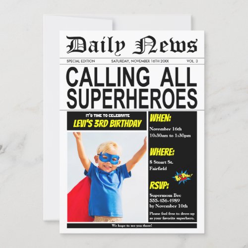 Superhero Birthday Party Super Hero Boy Photo Invitation