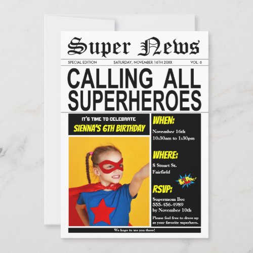 Superhero Birthday Party Super Hero Girl Boy Photo Invitation