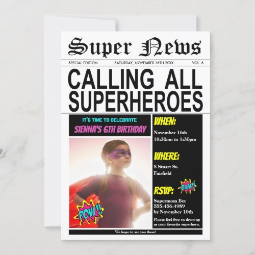 Superhero Birthday Party Super Hero Girl Photo Invitation