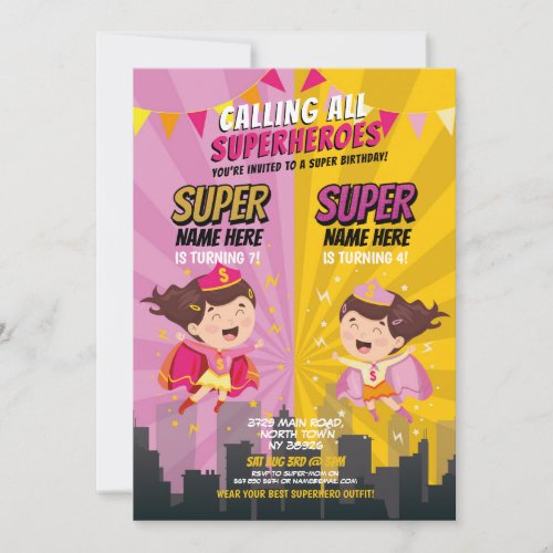 Superhero Birthday Sister Pink Yellow Joint Party Invitation