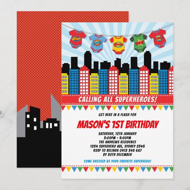 Superhero Boy 1st Birthday Cityscape Comic Party Invitation (Front/Back)
