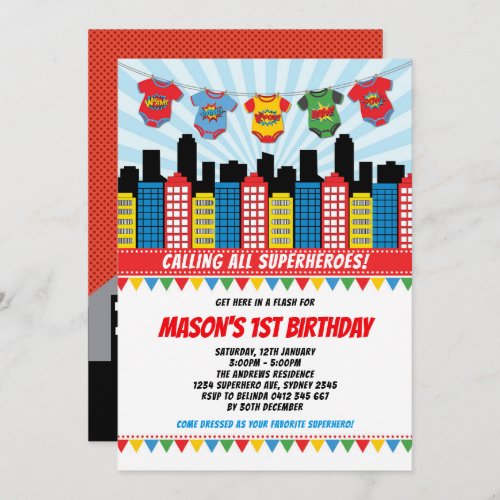 Superhero Boy 1st Birthday Cityscape Comic Party Invitation