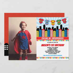 Superhero Boy 1st Birthday Cityscape Party Photo Invitation