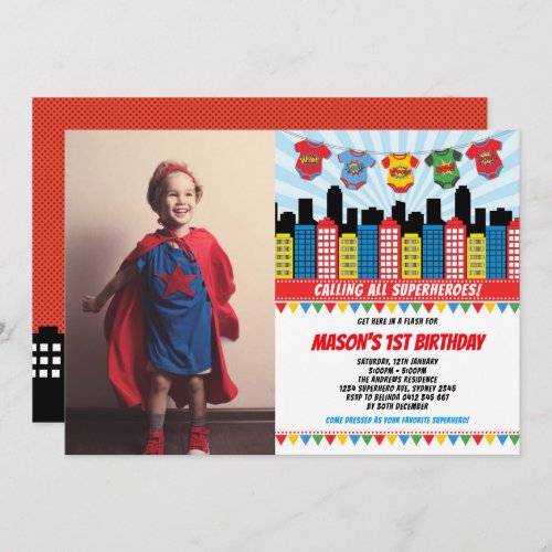 Superhero Boy 1st Birthday Cityscape Party Photo Invitation