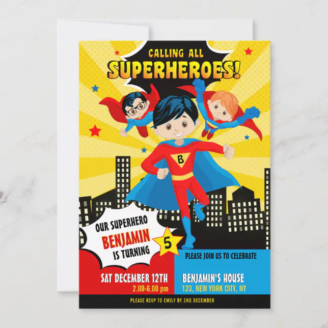 Superhero boy birthday party invitation | Zazzle