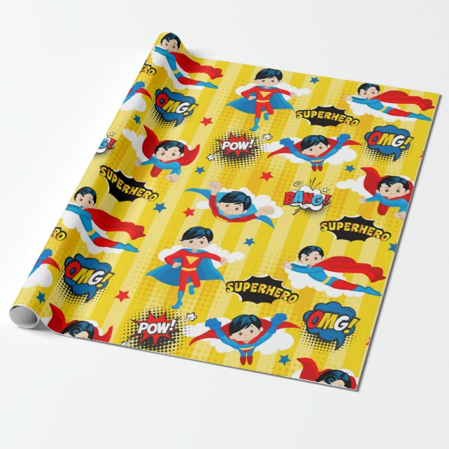 Superhero Boy Birthday Wrapping Paper (Unrolled)