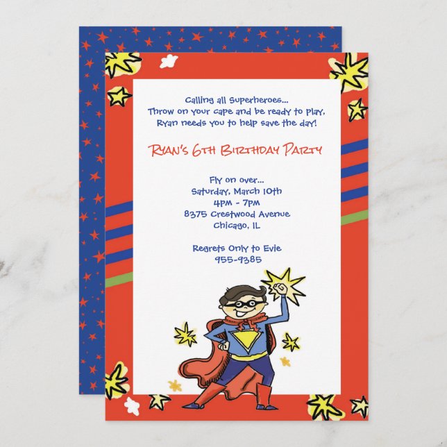 Superhero Boy Brunette Comic Action Hero Party Invitation (Front/Back)