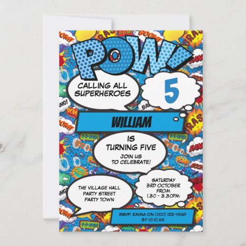 Superhero Boy Comic Book Birthday Party Blue Invitation