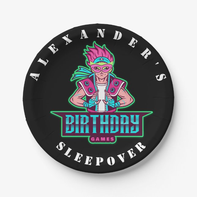 Superhero boy Green and pink mask Avatar Birthday Paper Plates (Front)