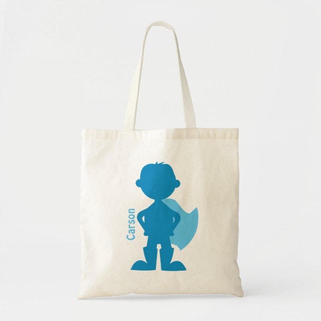 Superhero Boy Silhouette Personalized Blue Tote Bag (Front)