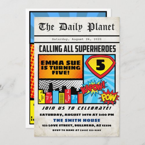 Superhero Boys Newspaper Comic Style Birthday Invitation
