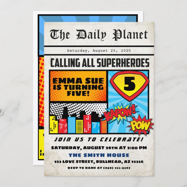 Superhero Boy's Newspaper Comic Style Birthday Invitation (Front/Back)