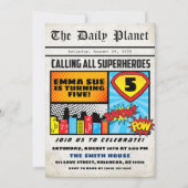 Superhero Boy's Newspaper Comic Style Birthday Invitation (Front)