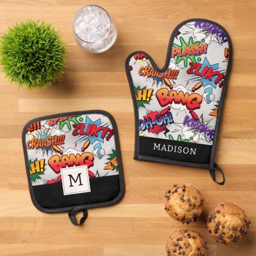 Superhero Bubble Pattern Oven Mitt  Pot Holder Set