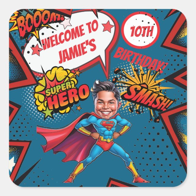 Superhero Caricature Action-Packed Boys Birthday  Square Sticker (Front)