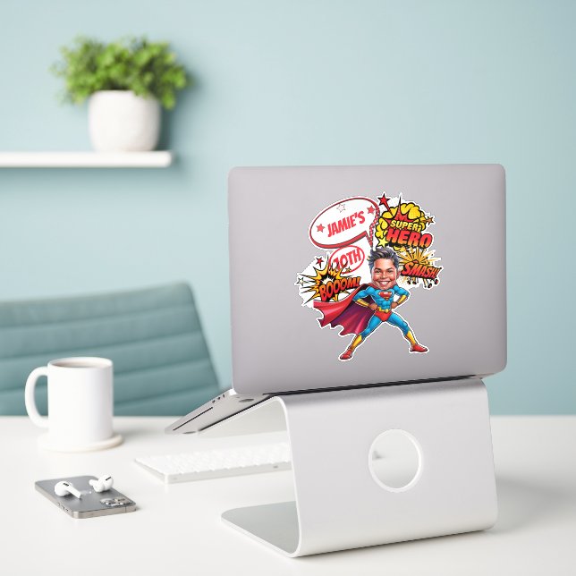 Superhero Caricature Action-Packed Boys Birthday  Sticker (Laptop On Desk)