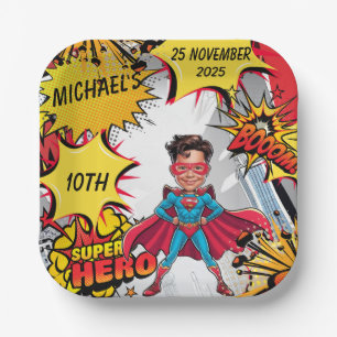 Superhero Caricature Party Cityscape Paper Plates