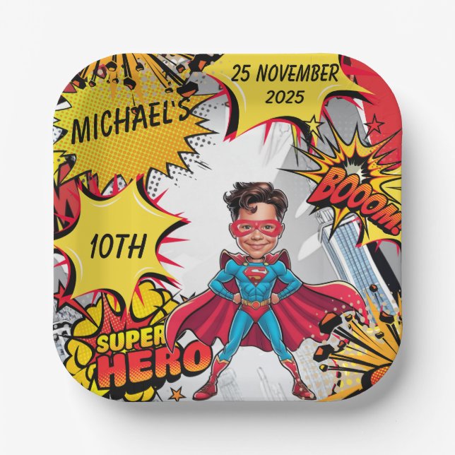 Superhero Caricature Party Cityscape  Paper Plates (Front)