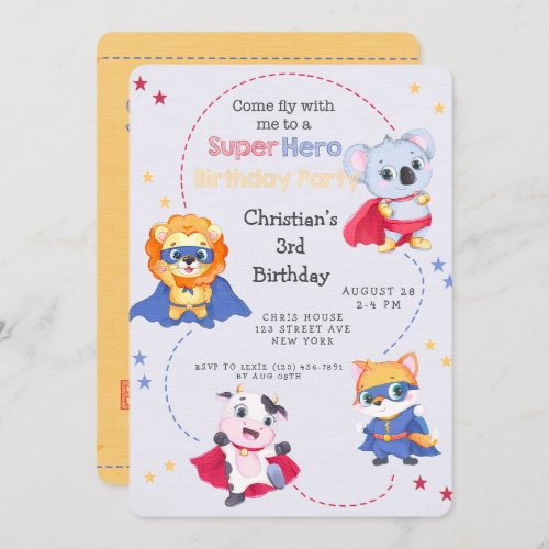 Superhero Cartoon Animals Boy Birthday Party Invitation