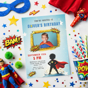 Superhero Cartoon Boy Photo Birthday Party  Invitation